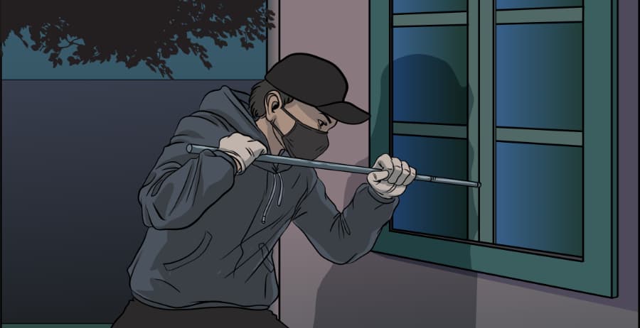 Illustration of burglar forcing entry through a window in Texarkana